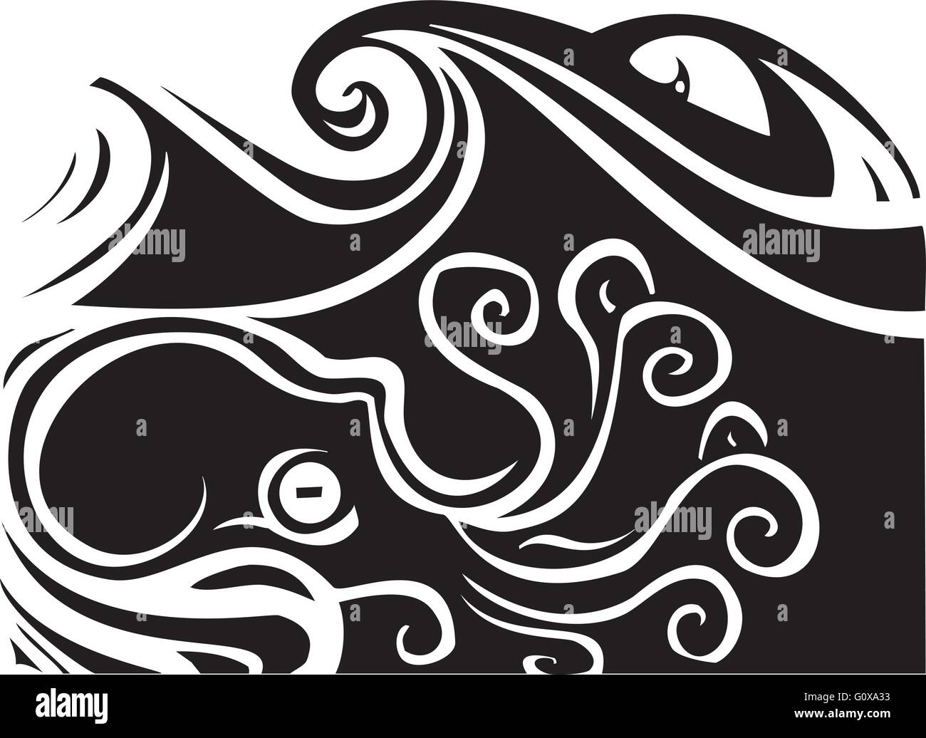 Woodcut style octopus sous les vagues. Illustration de Vecteur