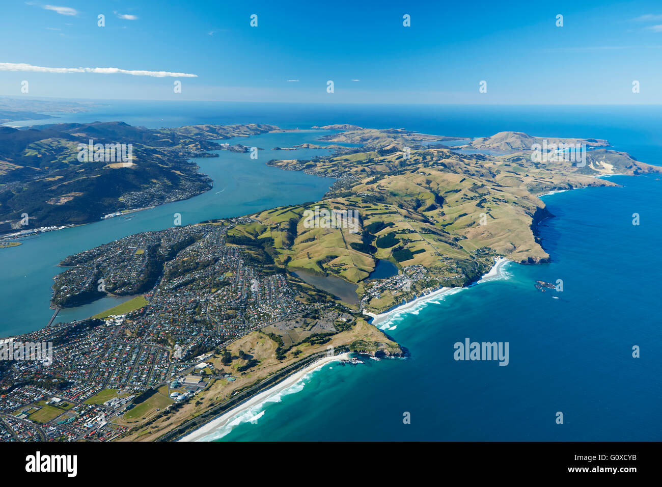 La Plage St Kilda, Otago Harbour et péninsule d'Otago, Dunedin, Otago, île du Sud, Nouvelle-Zélande - vue aérienne Banque D'Images