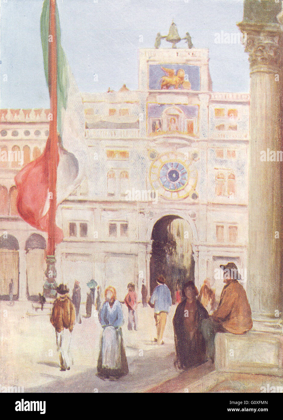 Venise : la Tour de l'horloge et entrée de la Merceria, vintage print 1930 Banque D'Images