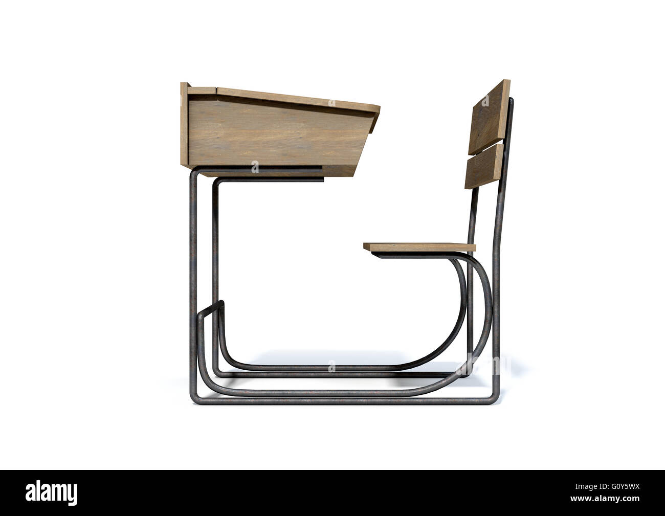 Un rendu 3D d'une école en bois vintage 24 avec un couvercle à charnière et banquette sur un fond studio blanc isolé Banque D'Images Un rendu 3D d'une école en bois vintage 24 avec un couvercle à charnière et banquette sur un fond studio blanc isolé Banque D'Images