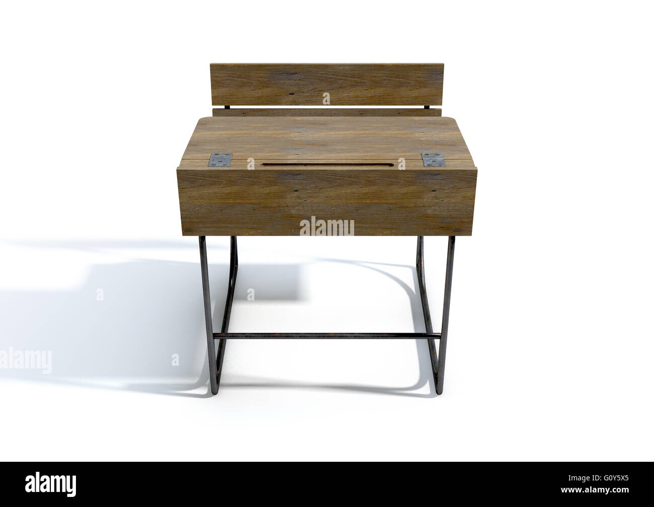 Un rendu 3D d'une école en bois vintage 24 avec un couvercle à charnière et banquette sur un fond studio blanc isolé Banque D'Images Un rendu 3D d'une école en bois vintage 24 avec un couvercle à charnière et banquette sur un fond studio blanc isolé Banque D'Images