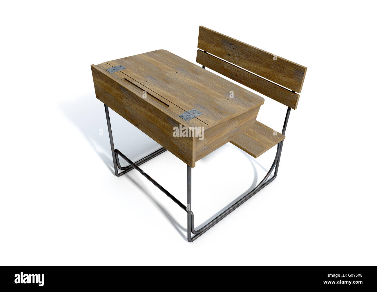 Un rendu 3D d'une école en bois vintage 24 avec un couvercle à charnière et banquette sur un fond studio blanc isolé Banque D'Images Un rendu 3D d'une école en bois vintage 24 avec un couvercle à charnière et banquette sur un fond studio blanc isolé Banque D'Images