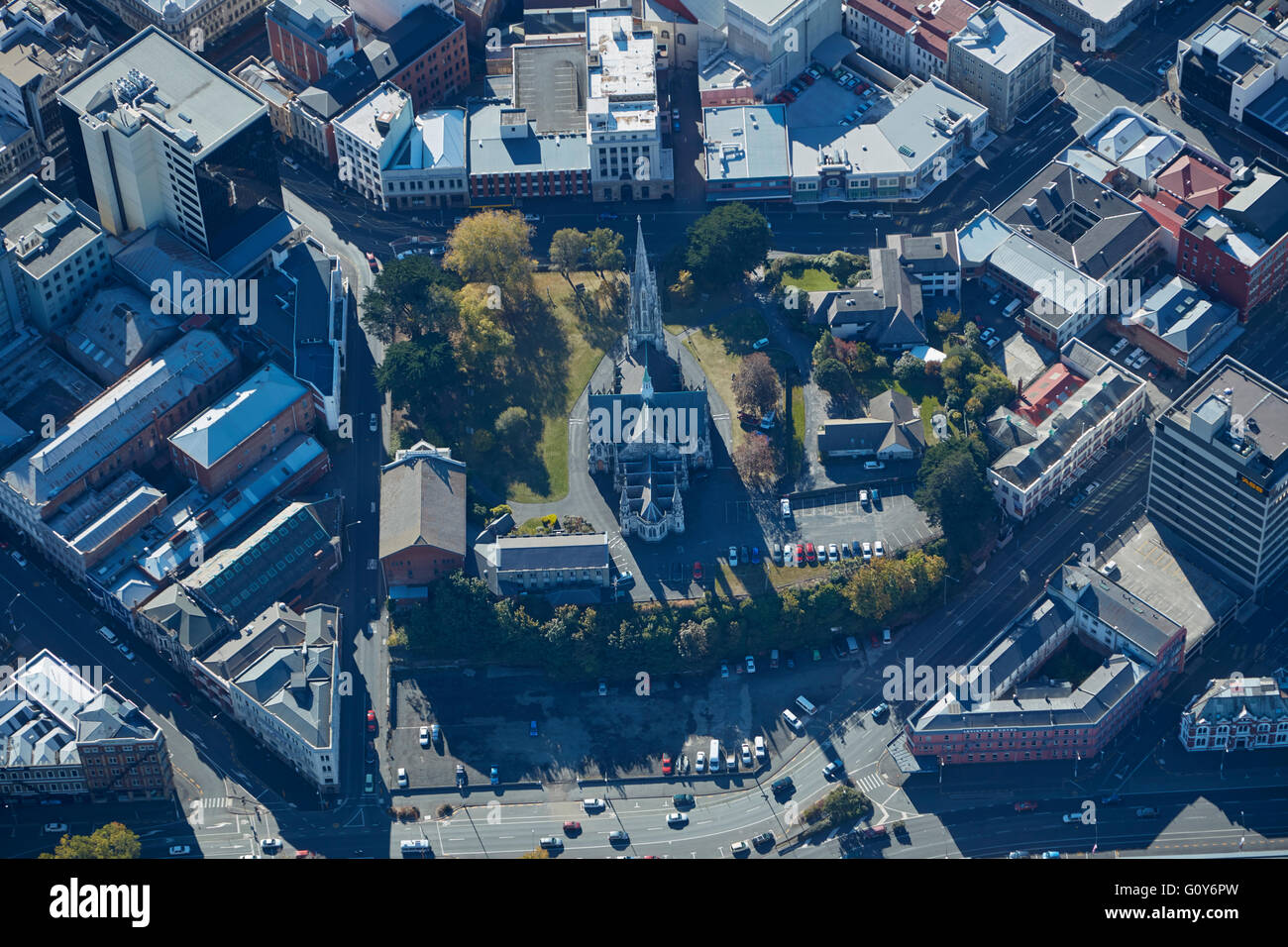 Première Église, Moray Place, Dunedin, Otago, île du Sud, Nouvelle-Zélande - vue aérienne Banque D'Images