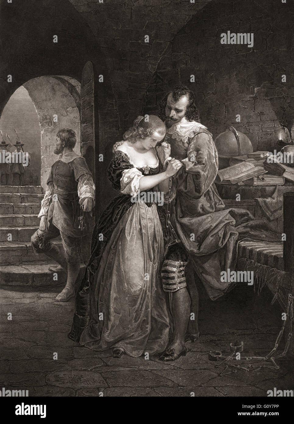 Sir Walter Raleigh la séparation avec sa femme. Gravure du xixe siècle d'après une peinture par Emanuel Gottlieb Leutze (1816-1868). Sir Walter Raleigh, 1554-1618. L'illustration montre lui peu avant son exécution rend hommage à son épouse Elizabeth (née Throckmorton, 1565-1647). Banque D'Images