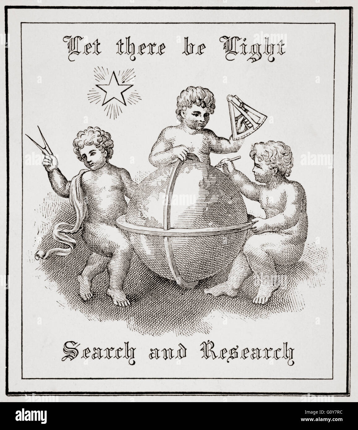 Plaque livre du 19ème siècle. 'Que la lumière soit. Recherche et de la recherche." Banque D'Images