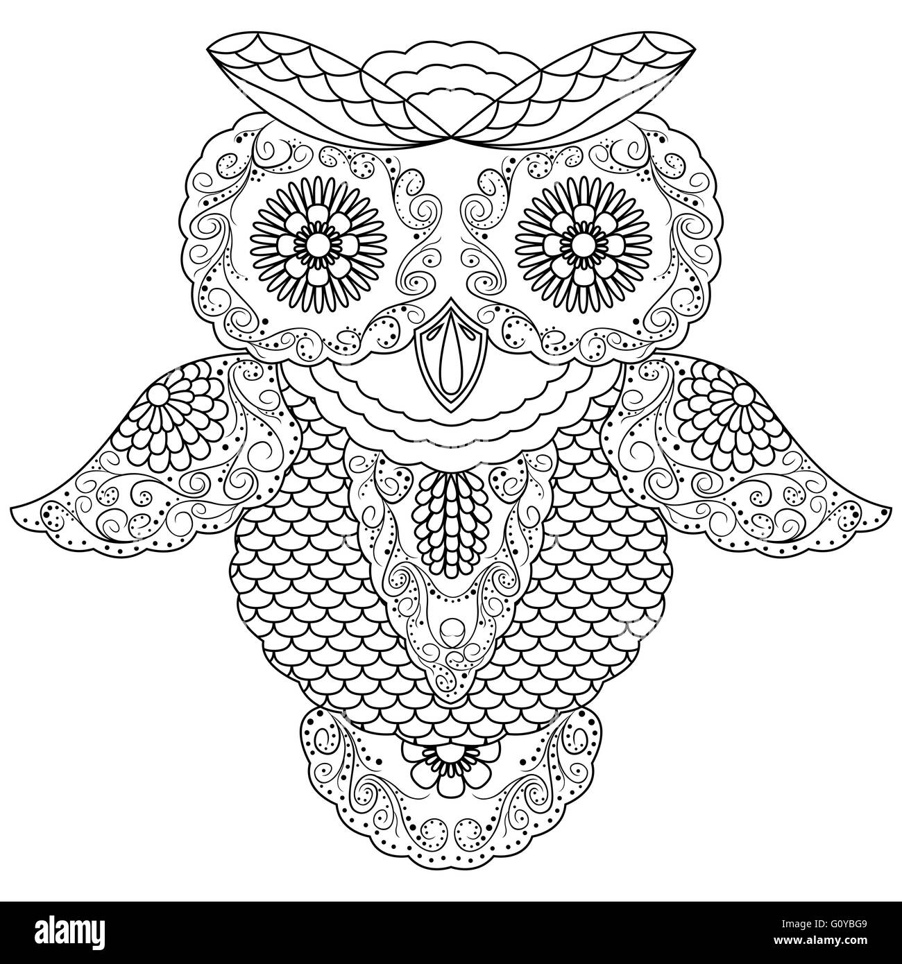 Abstract black contour ornement de big owl, cartoon vector illustration isolé sur fond blanc Illustration de Vecteur