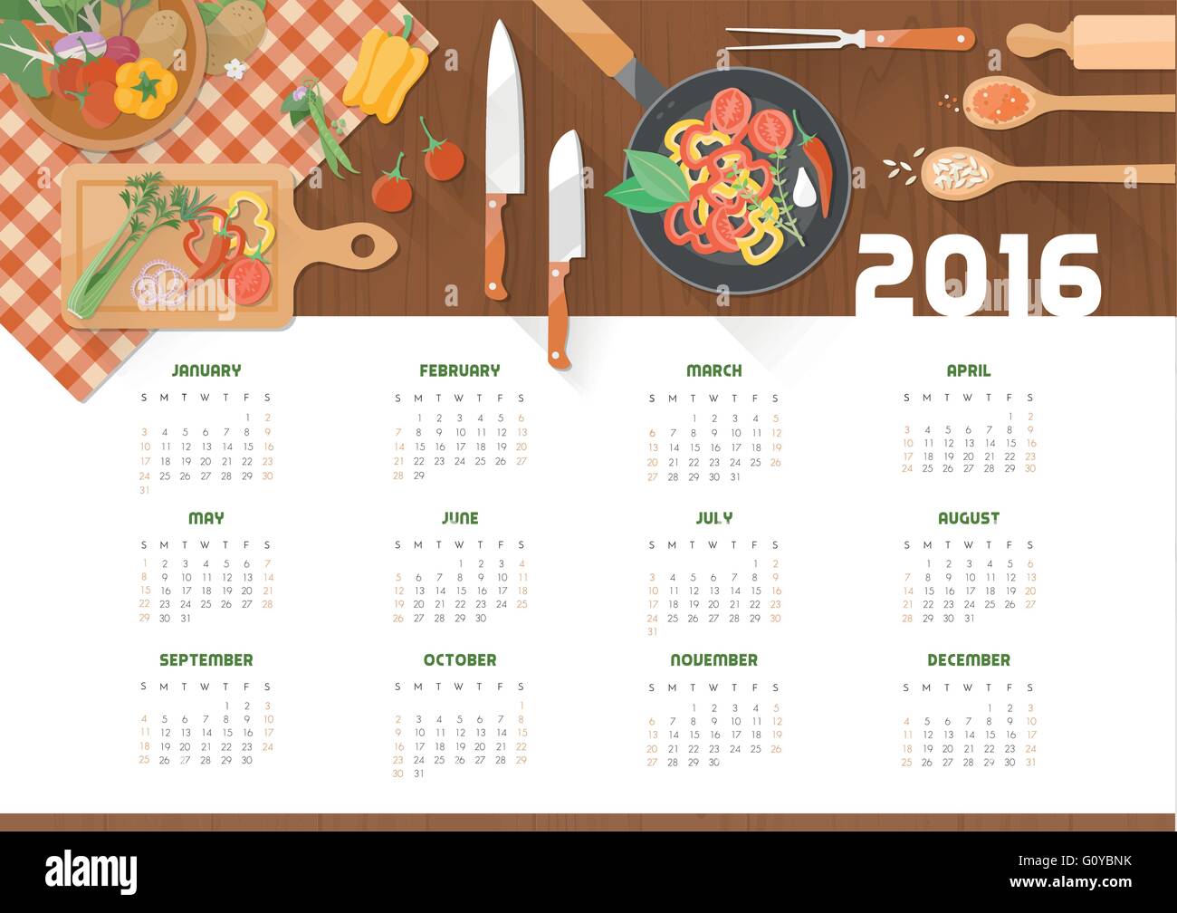 Calendrier 2016 cuisine créative avec des ustensiles de cuisine et les légumes sur un plan de travail en bois, vue du dessus Illustration de Vecteur