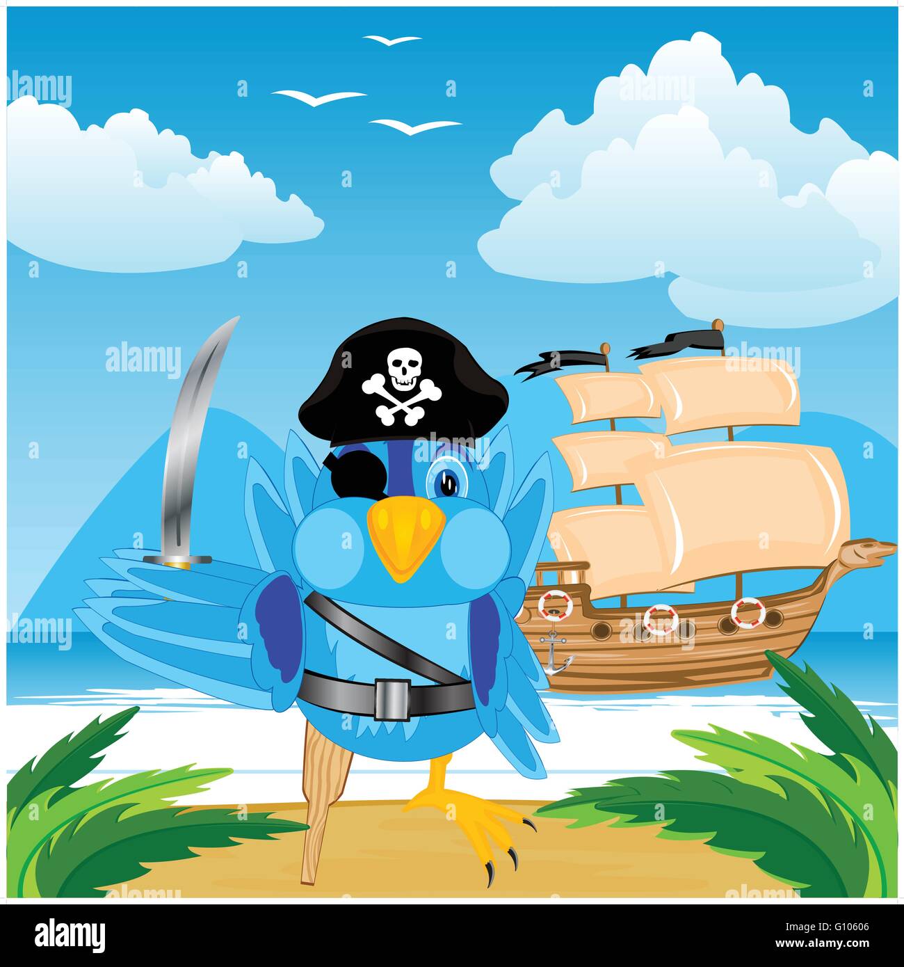 Illustration de l'oiseau de l'île des pirates à terre dans tropique Illustration de Vecteur