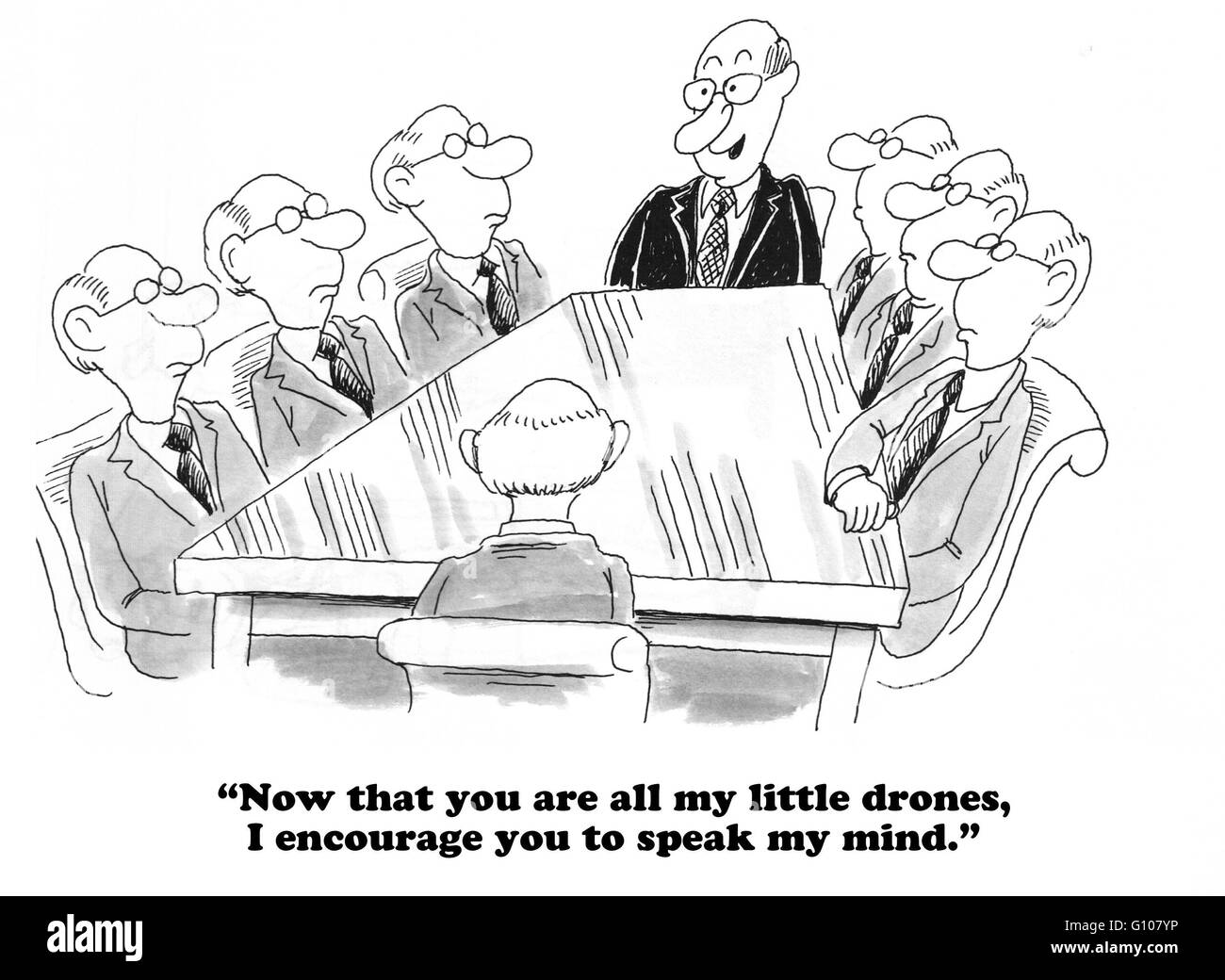 Caricature d'affaires à propos de membres de l'équipe que voir, réfléchir exactement semblables. Banque D'Images