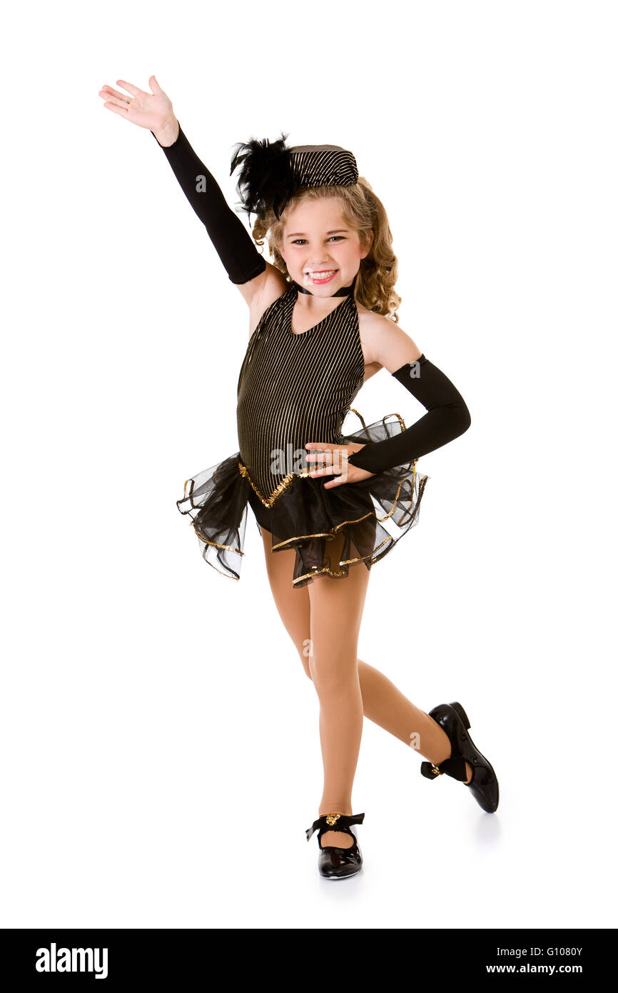 Petite fille danseuse dans divers costumes, isolé sur blanc. Banque D'Images