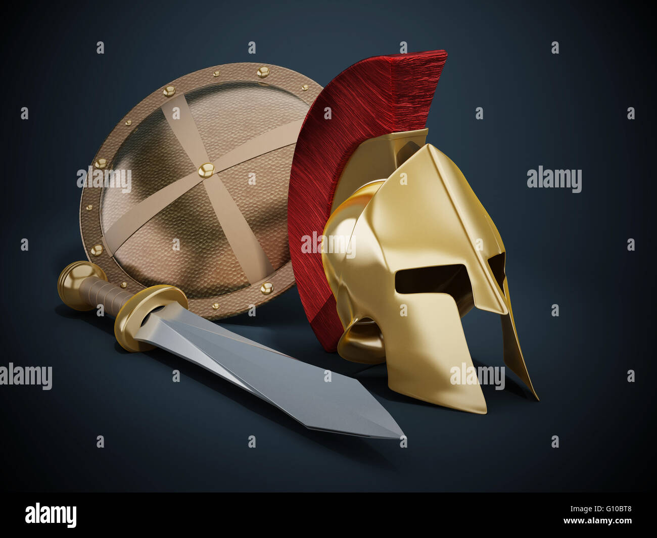 Le grec ancien casque, le bouclier et l'épée sur fond noir Banque D'Images