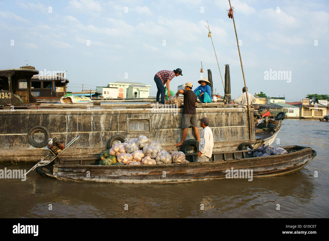 CAN THO, VIET NAM, l'engorgement de l'atmosphère sur le marché flottant de Cai Rang, le commerce sur le marché fermier, Delta du Mékong, Vietnam, Cantho Banque D'Images