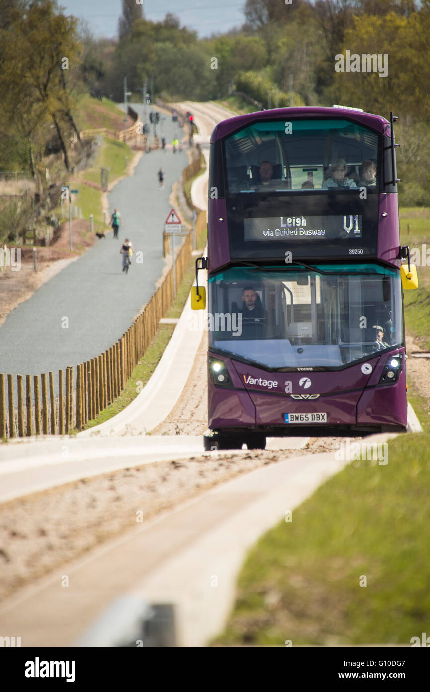 Sur les nouveaux bus mauve busway guidé conducteur et les passagers visible Banque D'Images