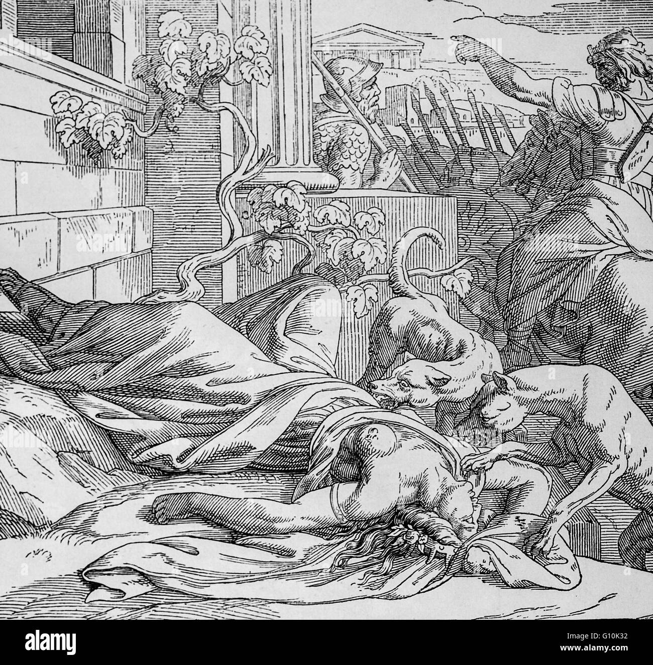 La mort de Jézabel (fl. 9e siècle avant notre ère). Après avoir été jeté d'une fenêtre, où elle a été mangée par les chiens. Elle était une princesse, fille d'Ethbaal, roi de Sidon et épouse du roi Achab qui elle a incité à abandonner le culte de l'Éternel et encourager l'adoration des divinités Baal et Astarté la place.. Banque D'Images