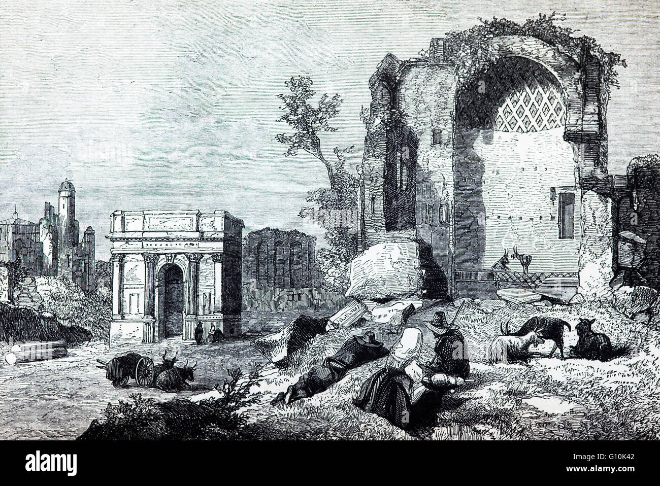19e siècle, vue sur les ruines du Temple de Vénus, dédié à la déesse Vénus Felix ('Vénus le porteur de bonne fortune'). L'architecte était l'empereur Hadrien et la construction a commencé en 121. Il a été officiellement inauguré par Hadrien en 135, et terminé en 141 Rome, Italie Banque D'Images