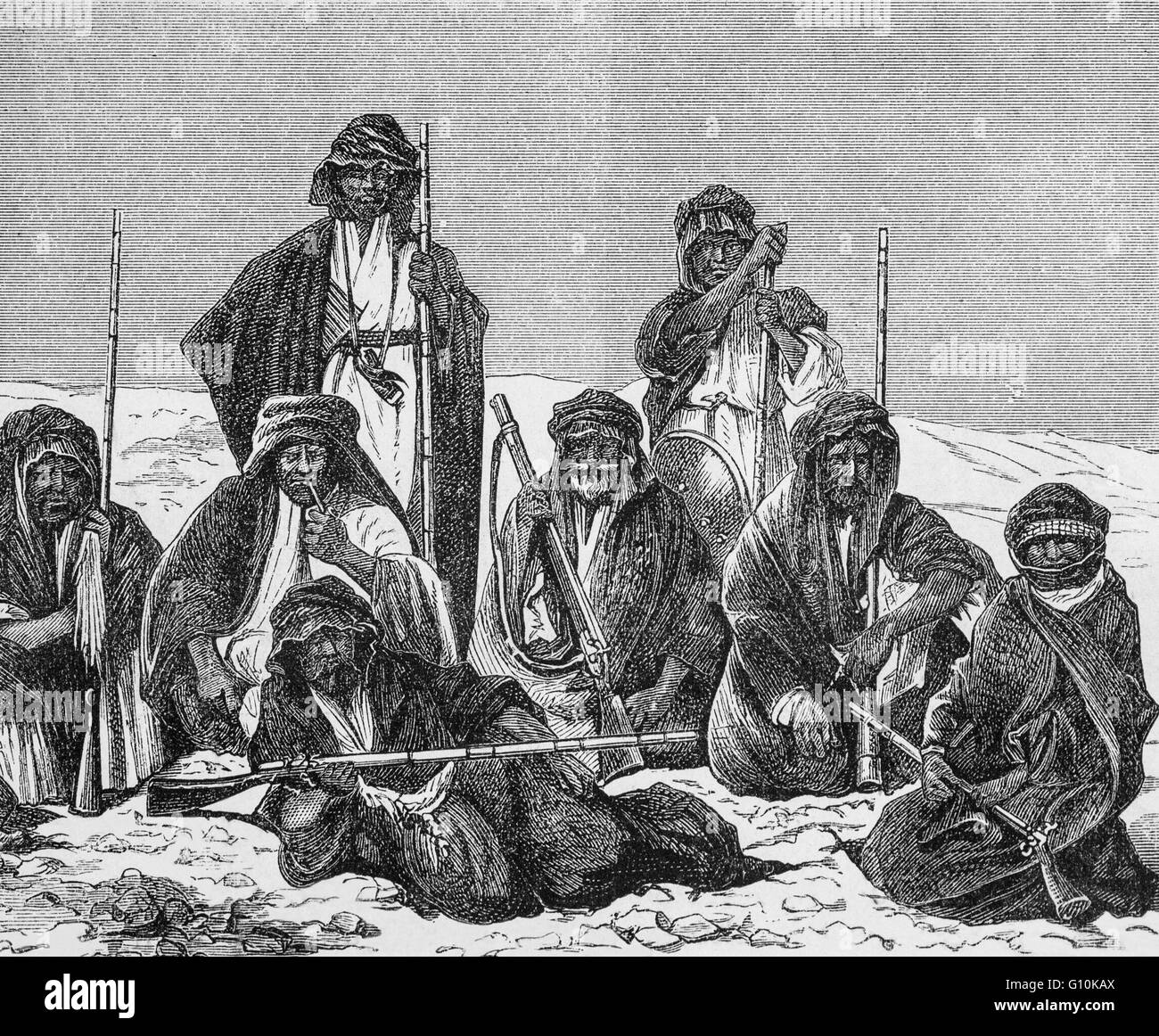 Un Arabe bédouin : groupe semi-nomade, descendants de nomades qui habitaient les déserts d'Arabie et de la Syrie. Leur nom signifie 'desert dwellers' en arabe. Banque D'Images