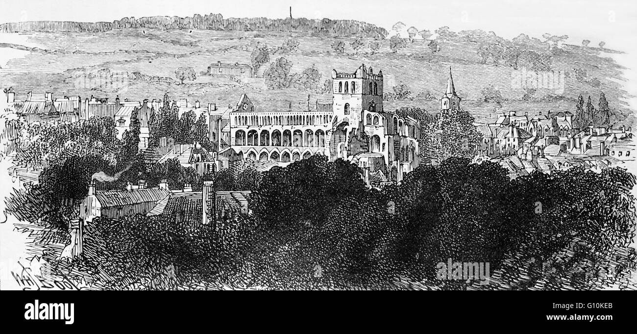 Vue du 19e siècle de Jedburgh abbaye fondée du 12e siècle, détruit au xvie siècle et de la ville, ancien burgh royal dans la région des Scottish Borders et ancien chef-lieu du comté de Roxburghshire, Ecosse Banque D'Images