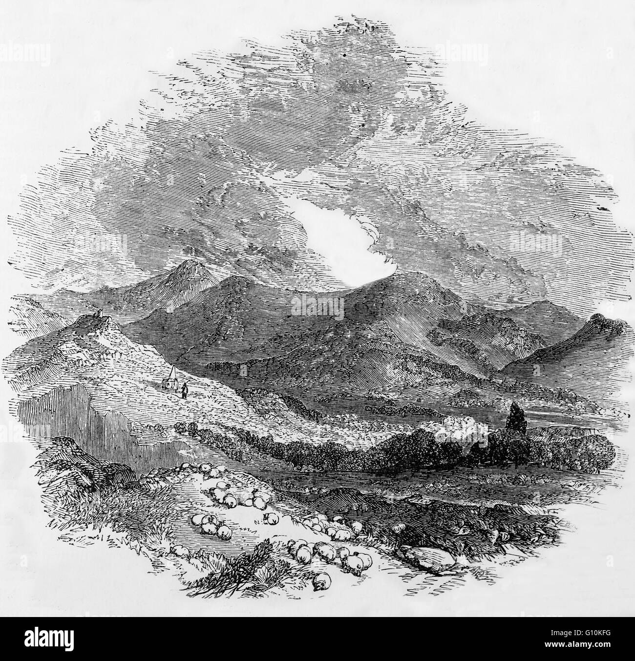 Vue du 19e siècle de Loudoun Hill où la bataille de Loudoun Hill a eu lieu en 1307 entre robert le Bruce et forces anglaises, près de la rivière Irvine, à l'est de Darvel, East Ayrshire, Ecosse. Banque D'Images