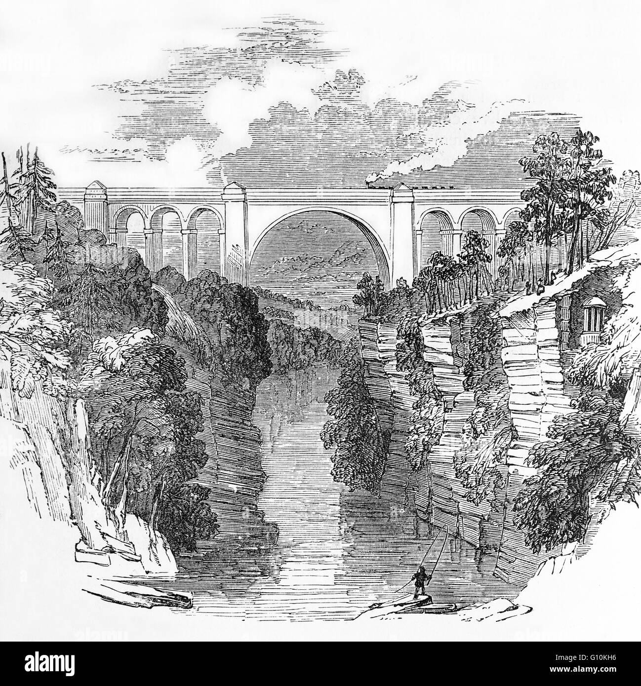 19e siècle vue du viaduc de Ballochmyle est le plus haut viaduc ferroviaire existant en Grande-Bretagne. C'est 169 pieds (52 m) de haut, et porte le fer sur la rivière Ayr près des villes de Mauchline et Catrine, East Ayrshire, Ecosse, Banque D'Images