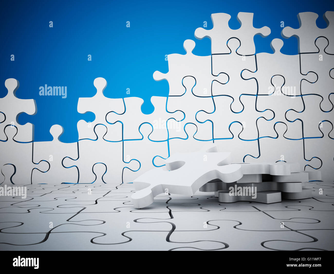 Mur de Puzzle avec pièces manquantes sur fond bleu Photo Stock - Alamy