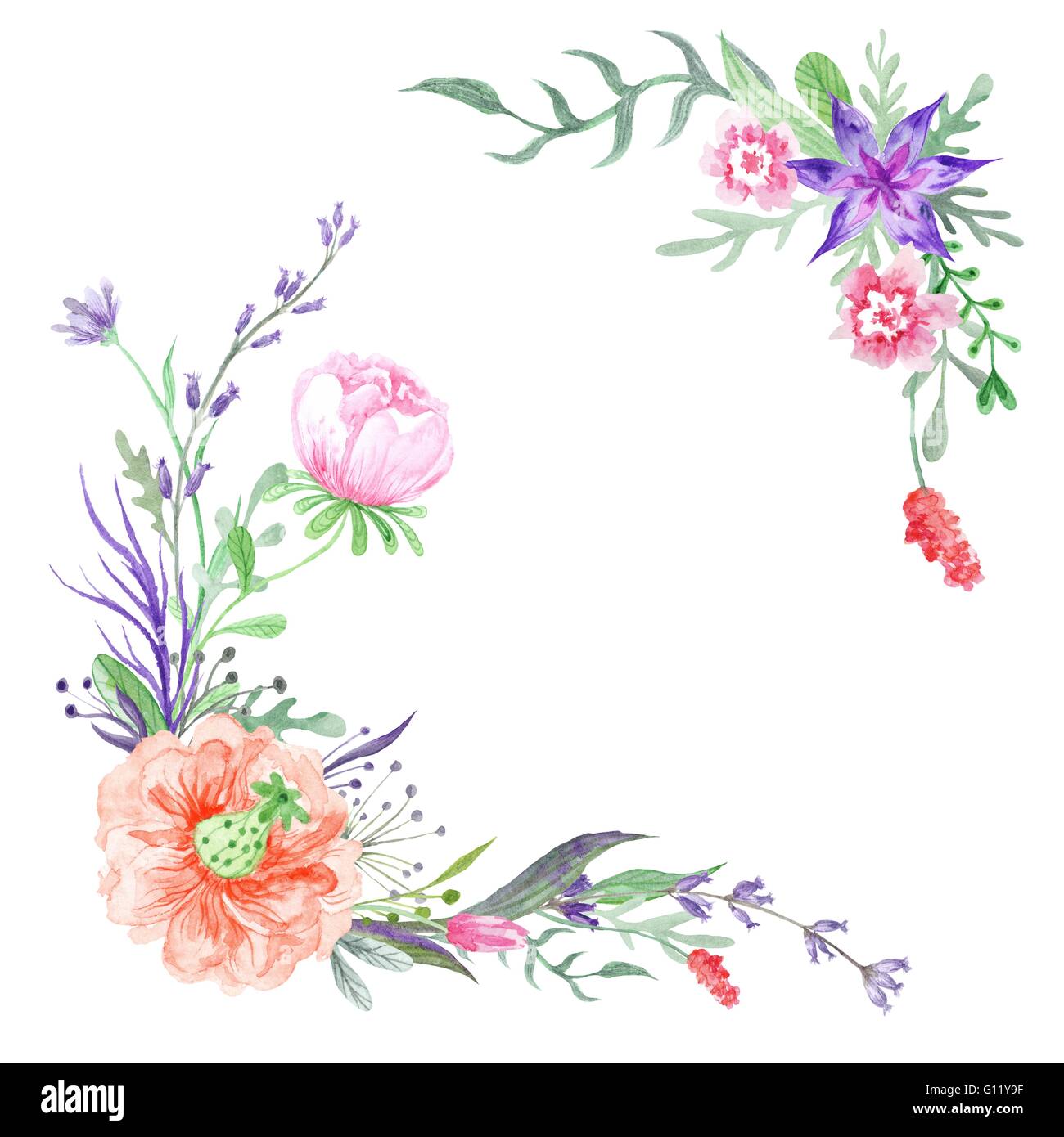 Aquarelle dessin peint à la main avec des éléments de plantes de printemps pour les invitations de mariage, décoration isolé sur fond blanc Banque D'Images