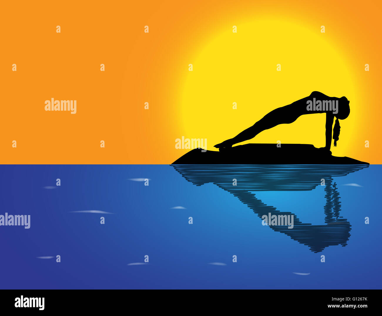 Une silhouette de femme de la rétro planche sur un rocher dans la mer Banque D'Images Une silhouette de femme de la rétro planche sur un rocher dans la mer Banque D'Images