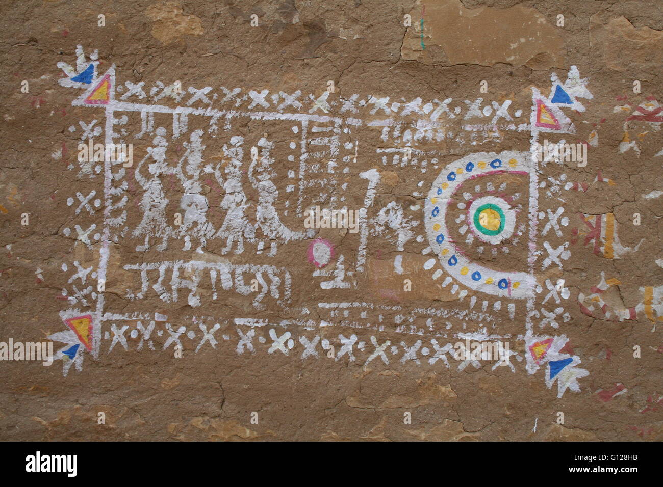 Peinture décorative traditionnelle sur un mur, désert de Thar, Rajasthan, Inde, Asie Banque D'Images