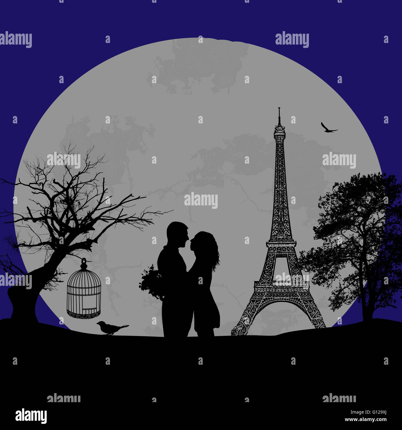 Amoureux dans Paris au Blue Night, vector illustration Banque D'Images