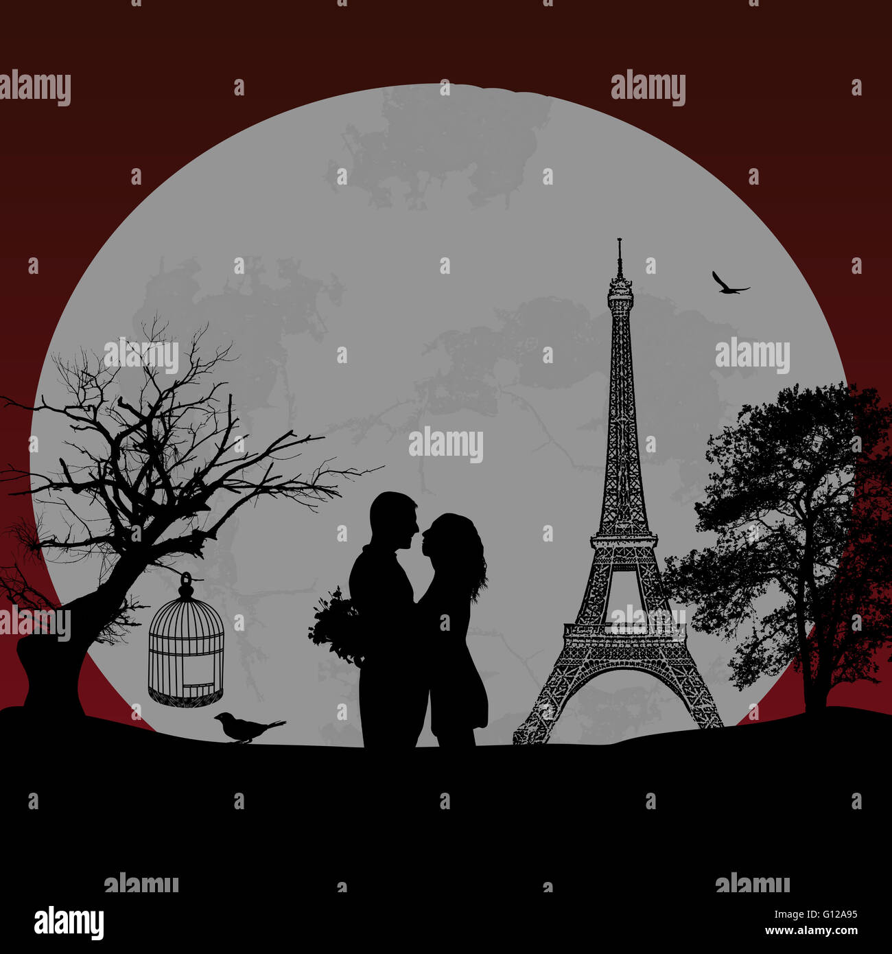 Amoureux dans Paris à la nuit rouge, vector illustration Banque D'Images