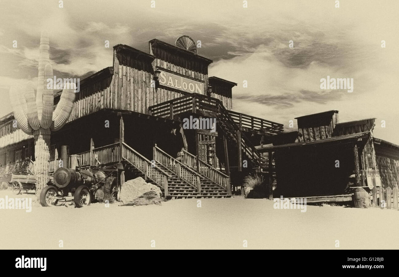 Vieux cowboy du Wild West Town- s'est évanoui ancienne photographie sépia de l'ancien Far West Banque D'Images