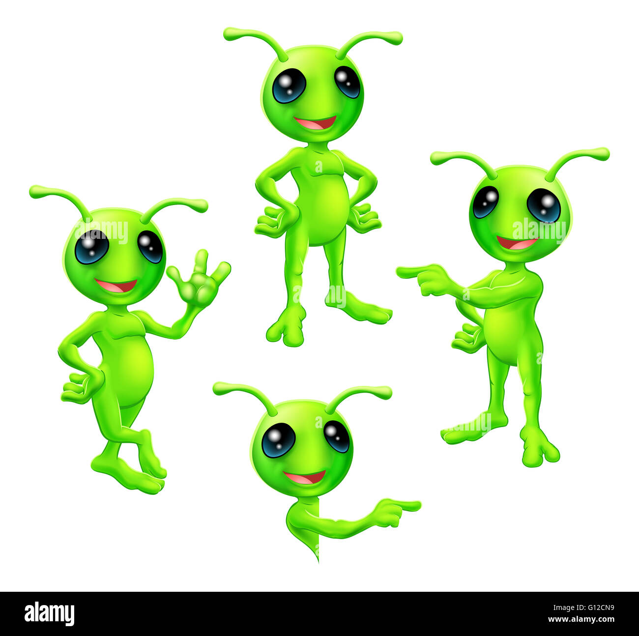 Un cute cartoon caractère martien alien vert avec antennes dans diverses poses Banque D'Images