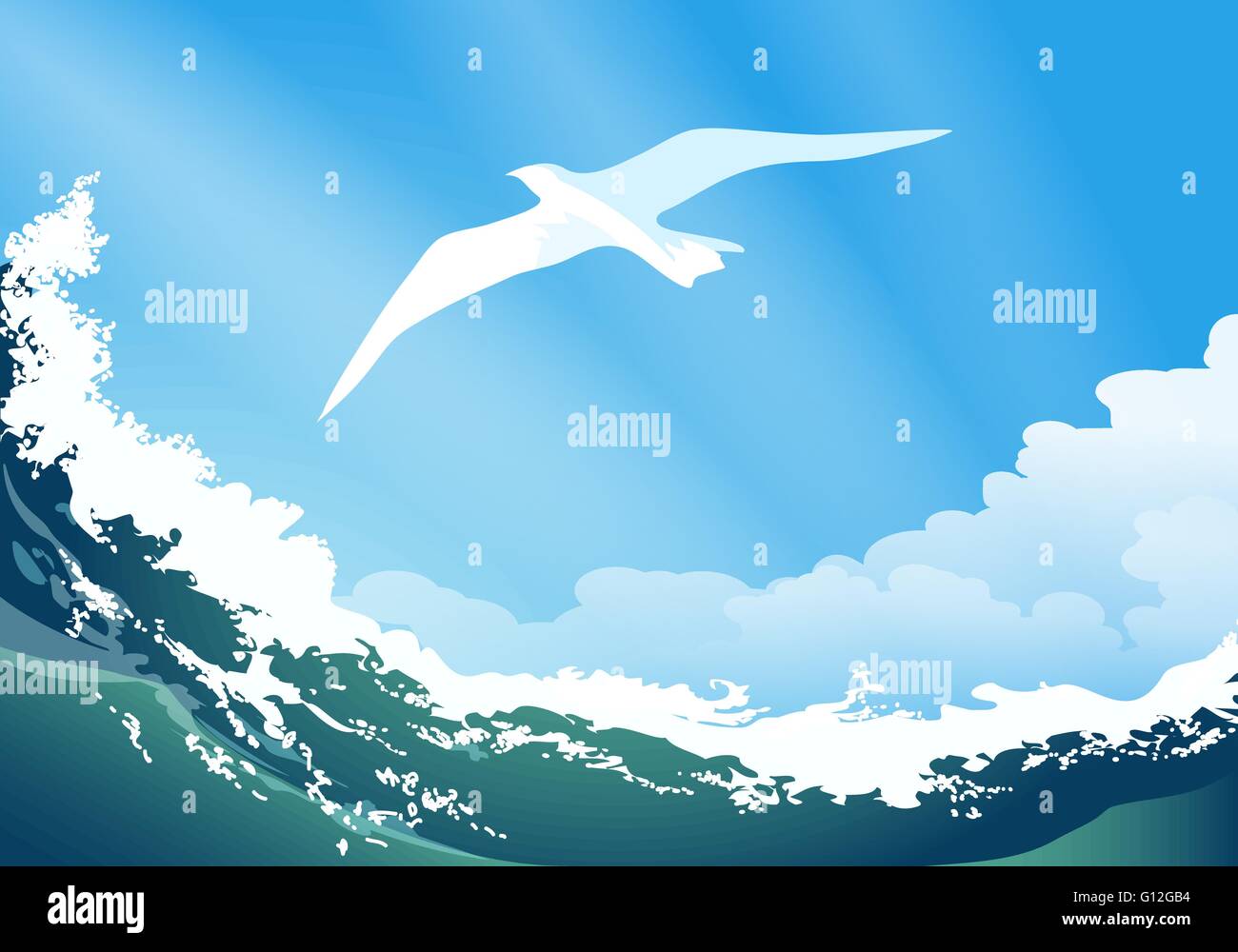 Flying seagull contre les vagues de l'océan et de ciel bleu. Illustration de Vecteur