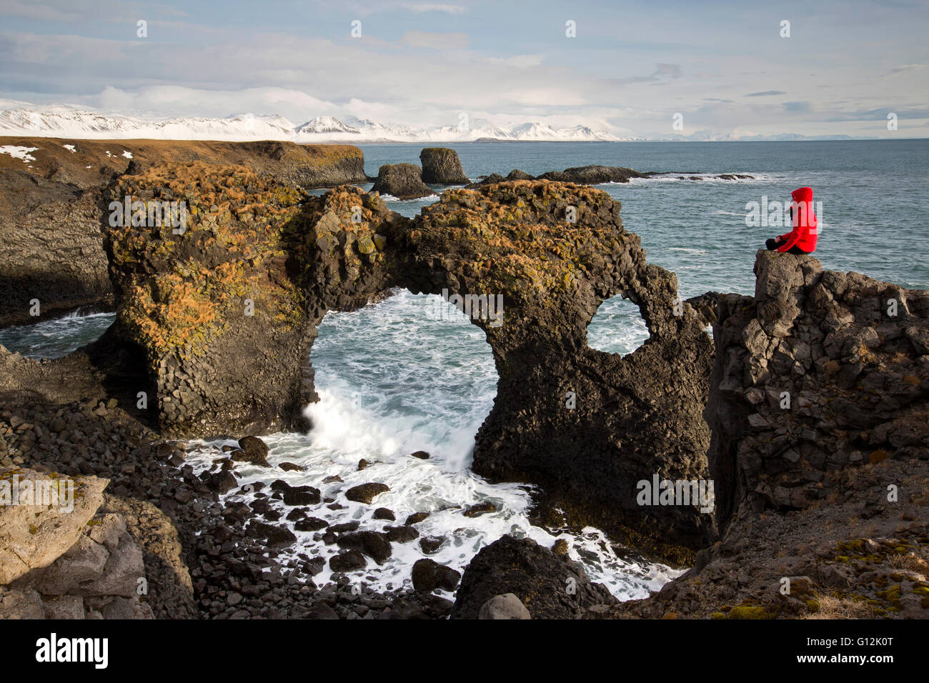 Panorama à Gatlettur, voûte en pierre Anarstapi, Péninsule de Snæfellsnes, l'Islande Banque D'Images