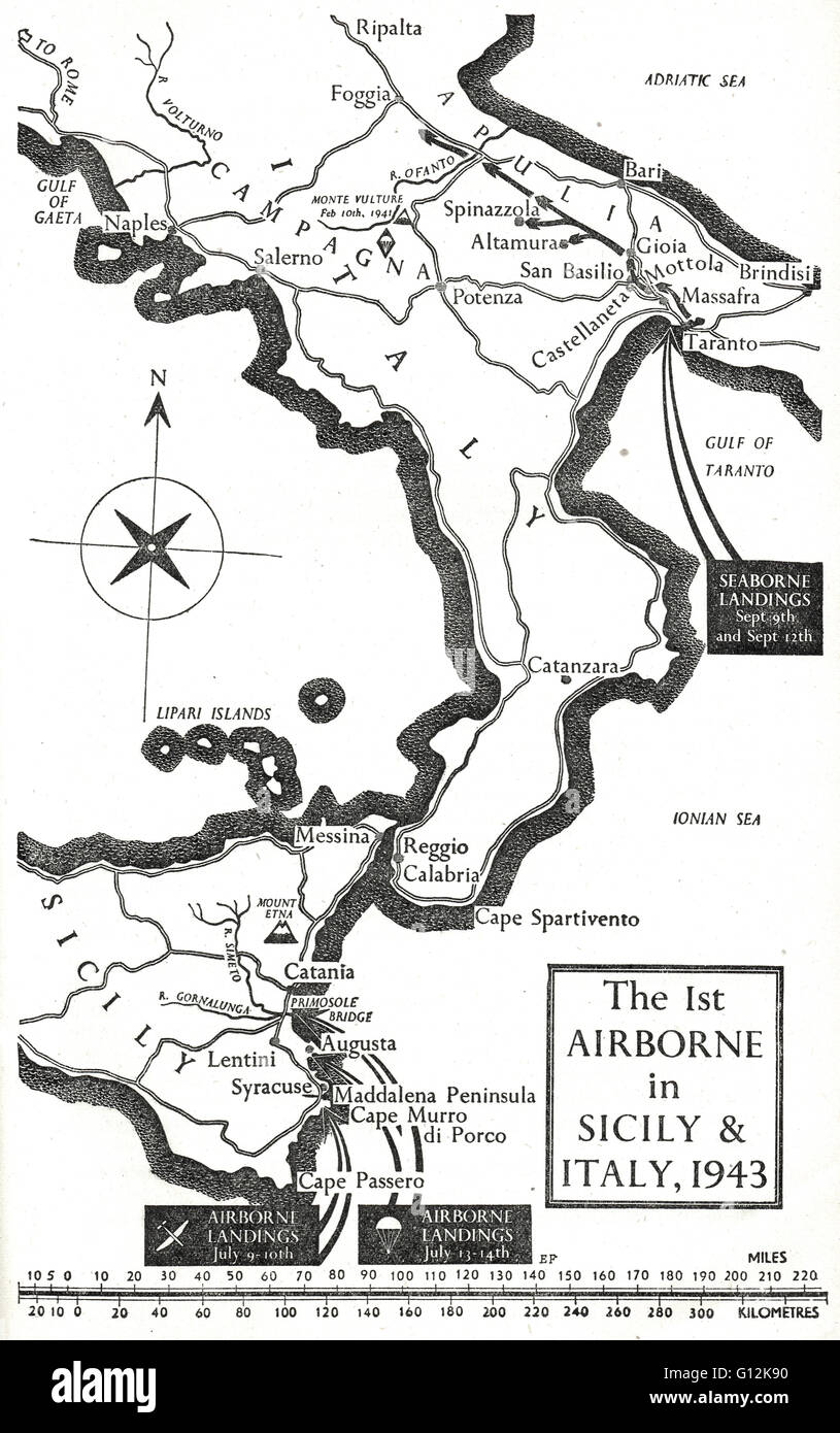 Carte des opérations aéroportées, 1ère en Sicile et l'Italie 1943 Banque D'Images