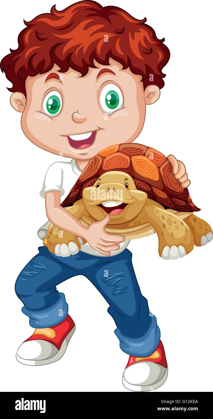 Little Boy hugging turtle illustration Illustration de Vecteur