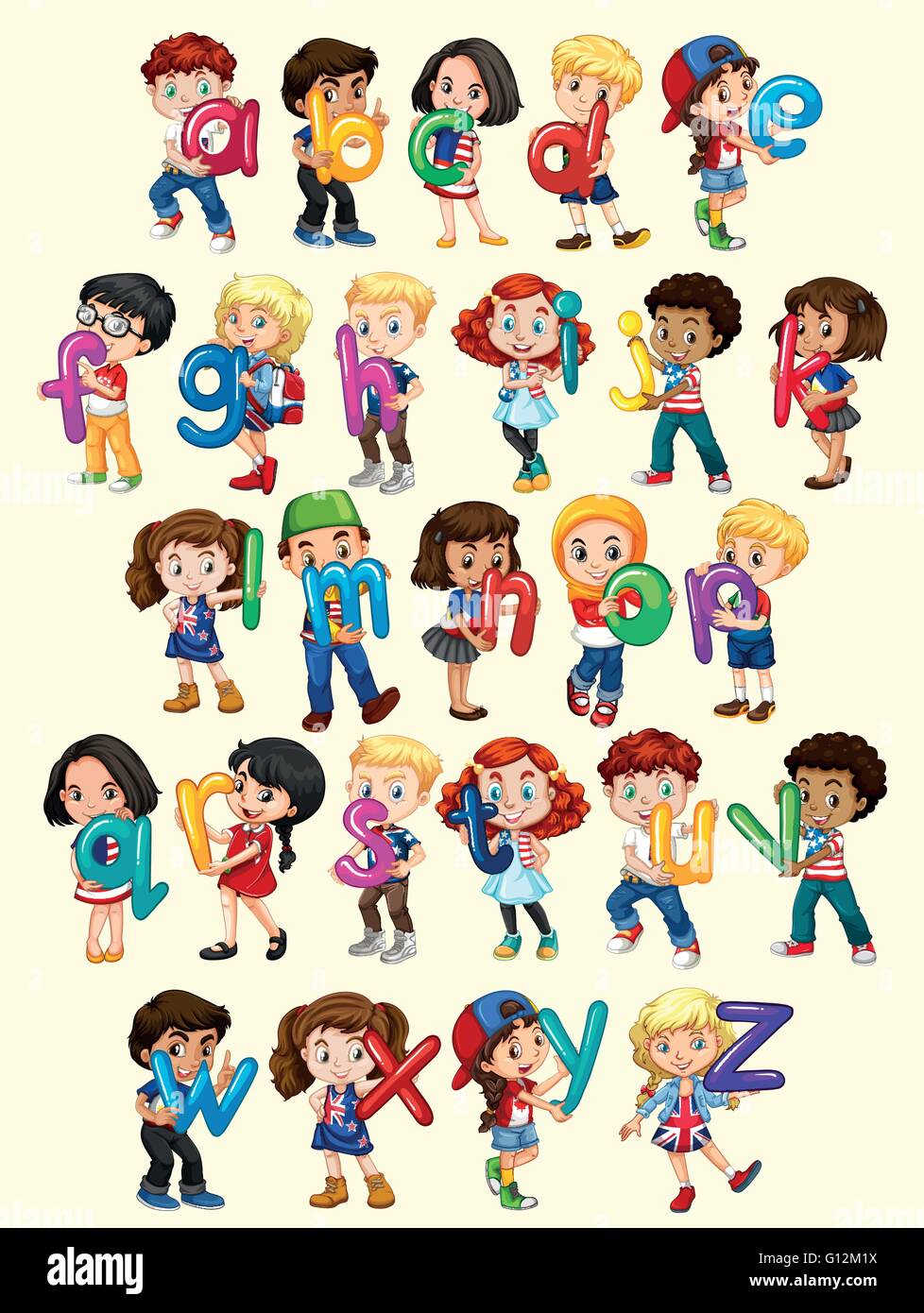 Les garçons et les filles à l'alphabet anglais illustration Illustration de Vecteur