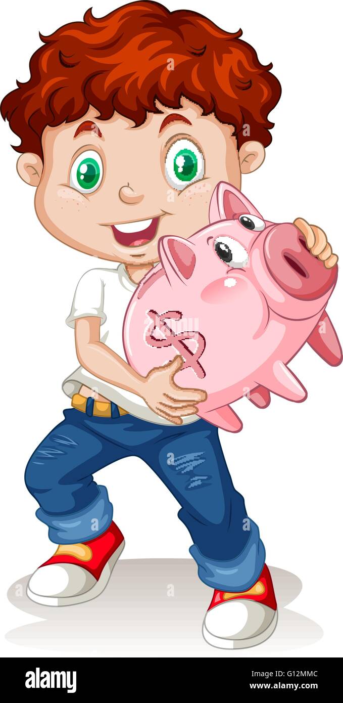 Little Boy holding piggy bank illustration Illustration de Vecteur