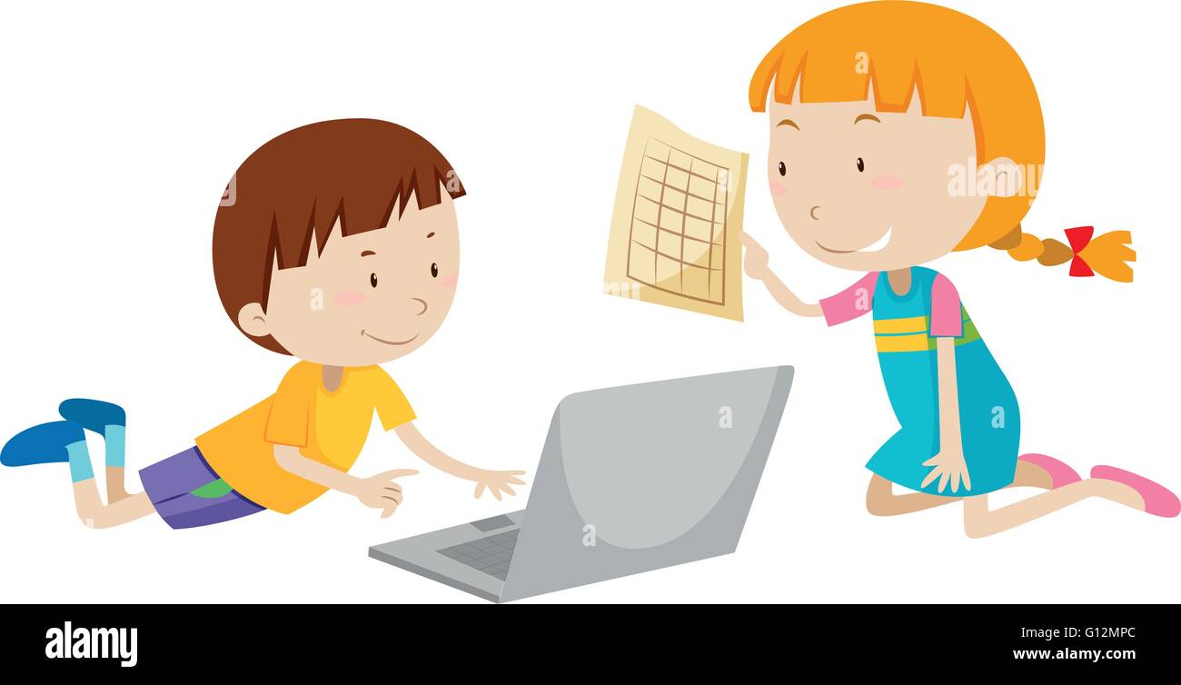 Garçon et fille travaillant sur ordinateur illustration Illustration de Vecteur