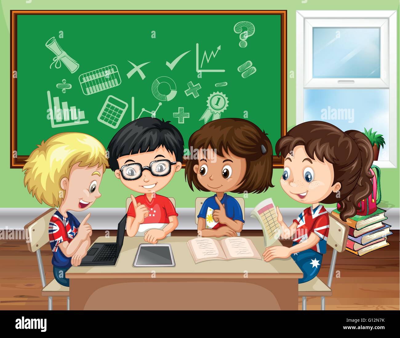 Les enfants qui travaillent dans le groupe en classe illustration Image Vectorielle Stock - Alamy