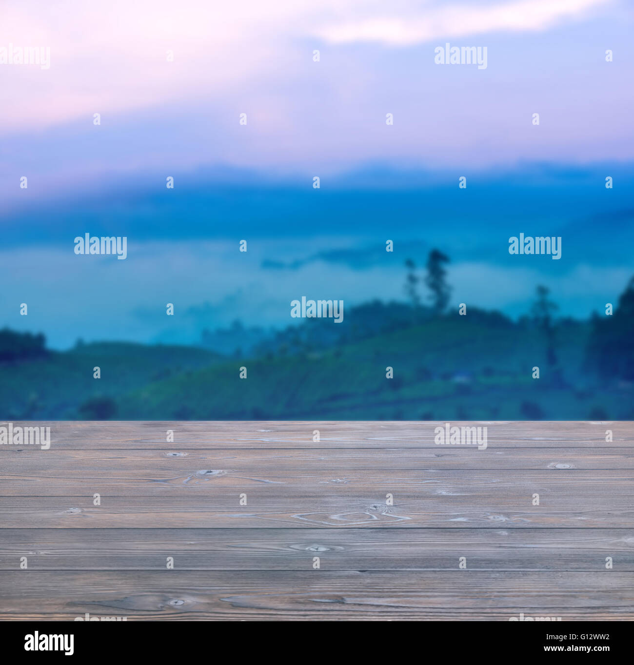 Beau paysage d'arbres et de brouillard avant l'aube, haze avec sol en bois table vide en Inde, Kerala, Munnar Banque D'Images