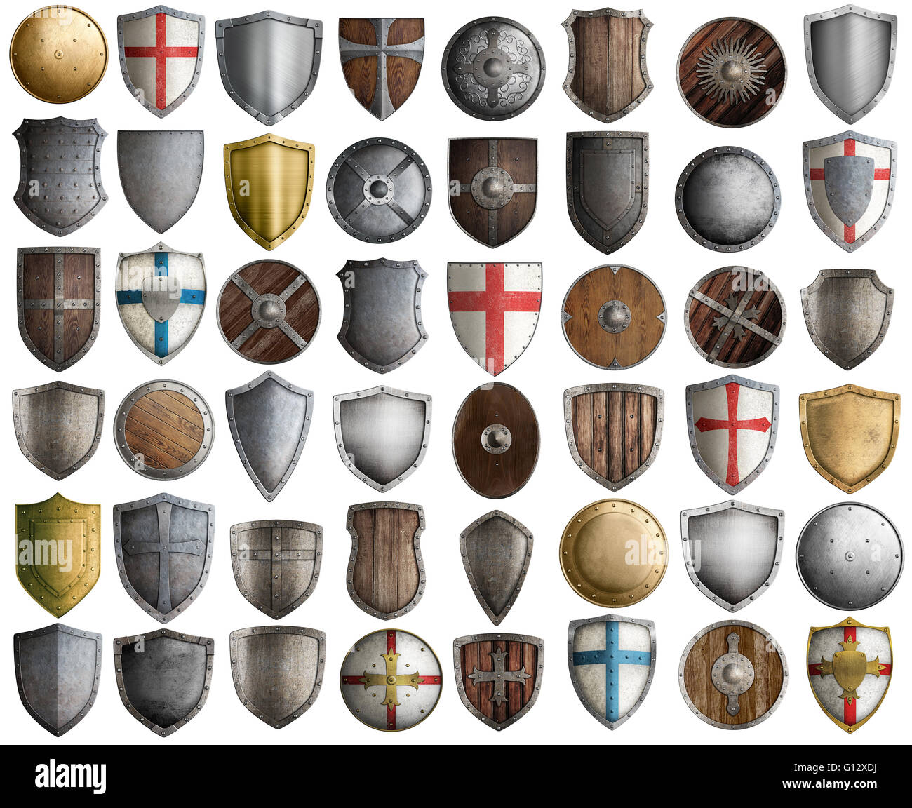 Grand jeu de chevalier médiéval isolé shields 3d illustration Banque D'Images