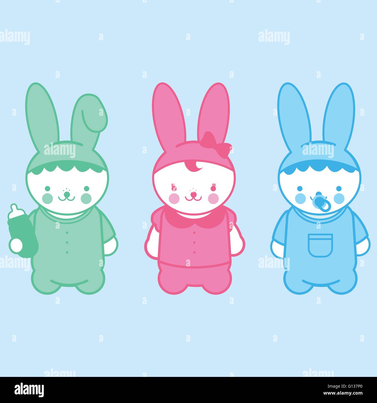 Bébés animaux de douche de bébé mignons. Dessin animé lapin bébé fille et garçon avec bouteille de lait. Petits lapins mignons. Illustration vectorielle Illustration de Vecteur