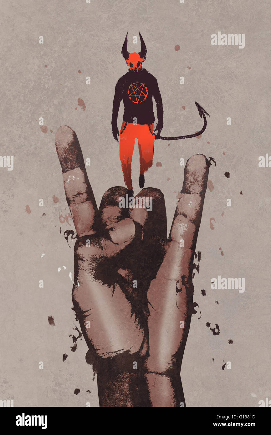 Grande main dans devil horns sign with devil satan,Peinture,illustration Banque D'Images
