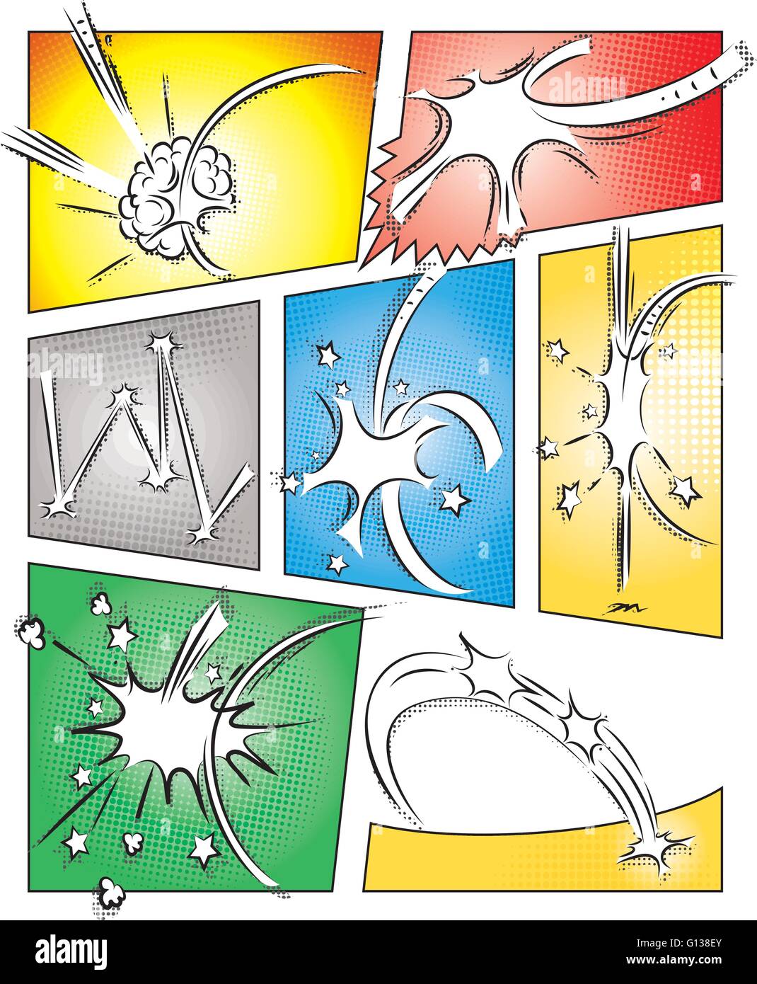 Illustration Vecteur de Comic Book Page avec divers effets sonores comiques avec grunge Style d'impression et de demi-teintes multicolores Retour Illustration de Vecteur