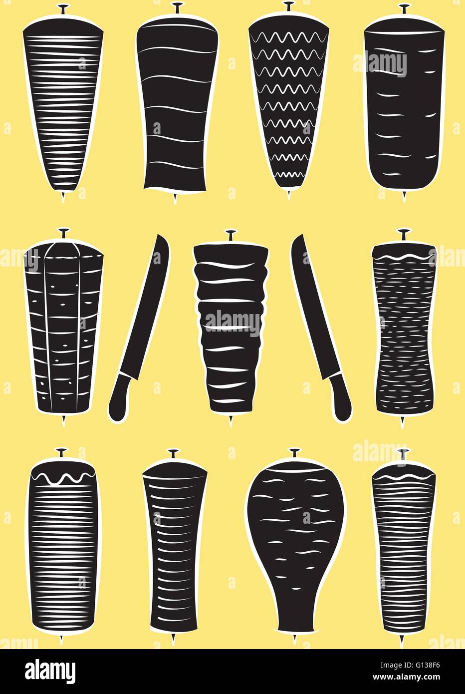 Vector set de döner kebabs et couteaux en mode silhouette sur fond jaune Illustration de Vecteur