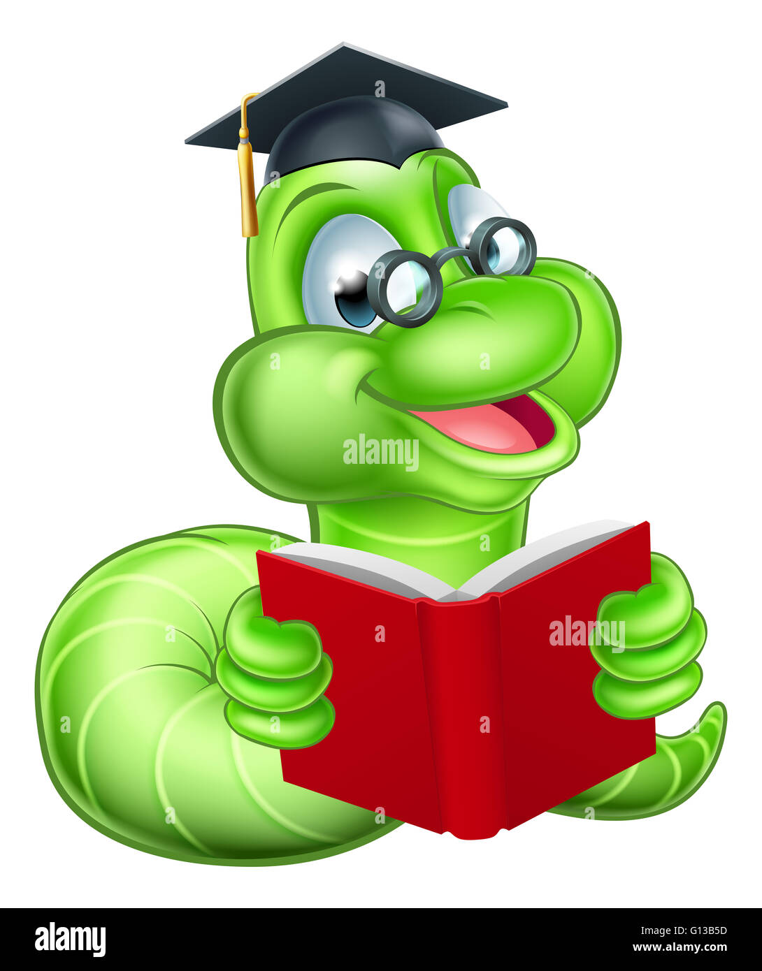 Smiling Cute cartoon ver vert caterpillar bookworm mascot lire un livre et portant des lunettes et le mortier bord graduation hat Banque D'Images