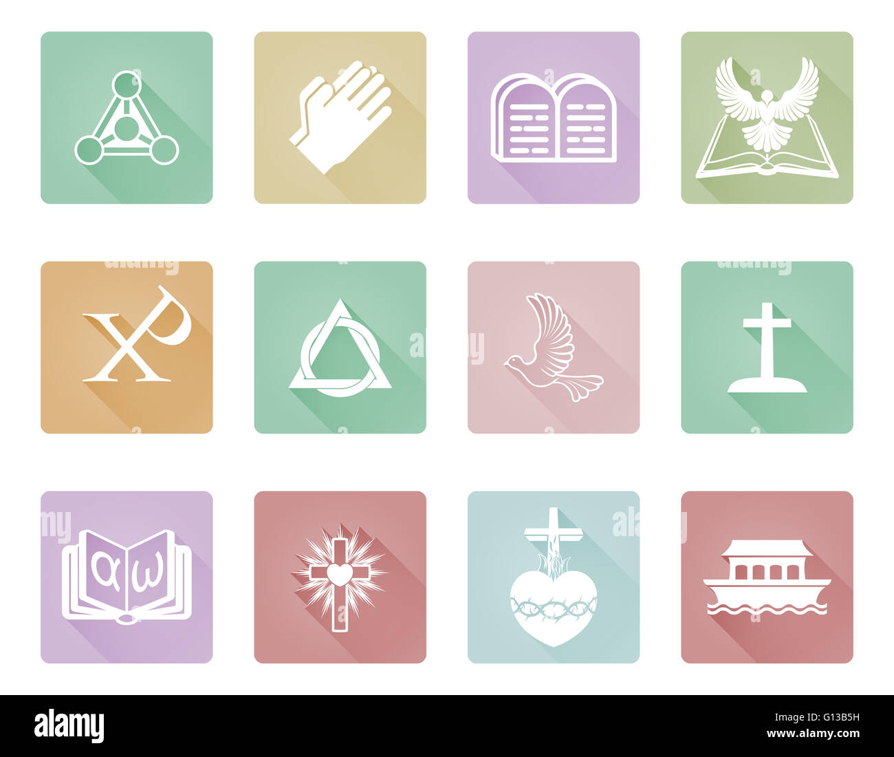 Un ensemble d'icônes et symboles chrétiens y compris les mains qui prient, chi rho, arche et alpha omega Banque D'Images