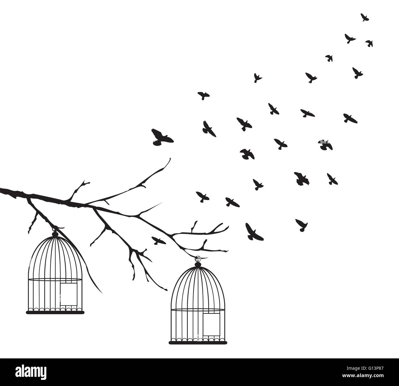 Vector illustration d'oiseaux volant et de cages d'oiseaux dans l'arbre Illustration de Vecteur