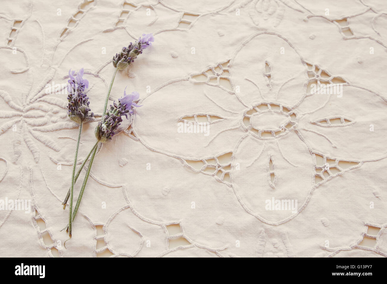 Linge de maison blanc tissu broderie florale arrière-plan avec des fleurs de lavande, filtre vintage Banque D'Images