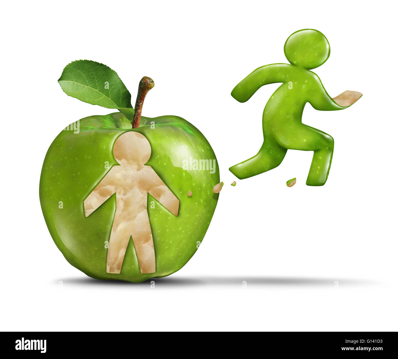 Vie saine et active apple remise en forme comme une pomme verte avec une personne détachée forme la peau du fruit en forme de jogger Banque D'Images
